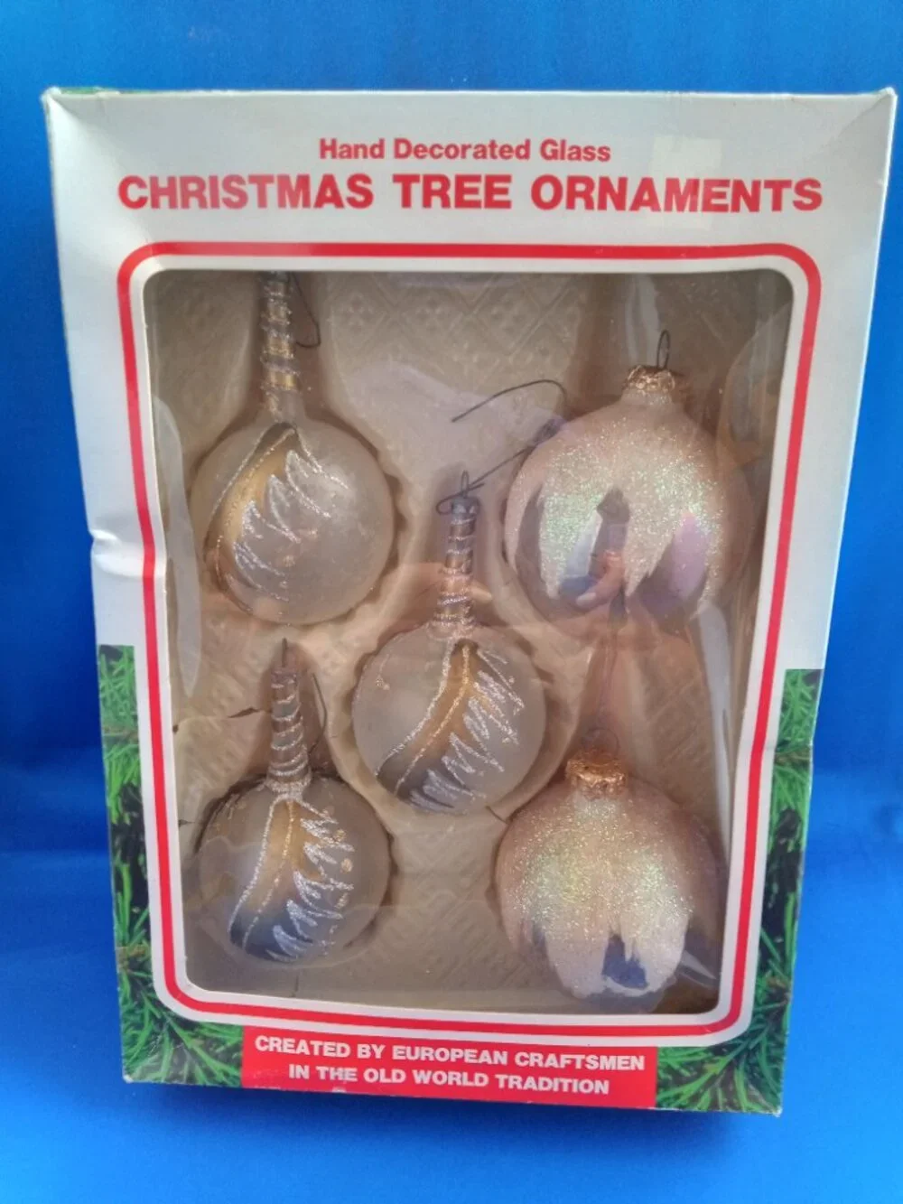 5 vintage glass with hand painted glitter Christmas  ornaments in box